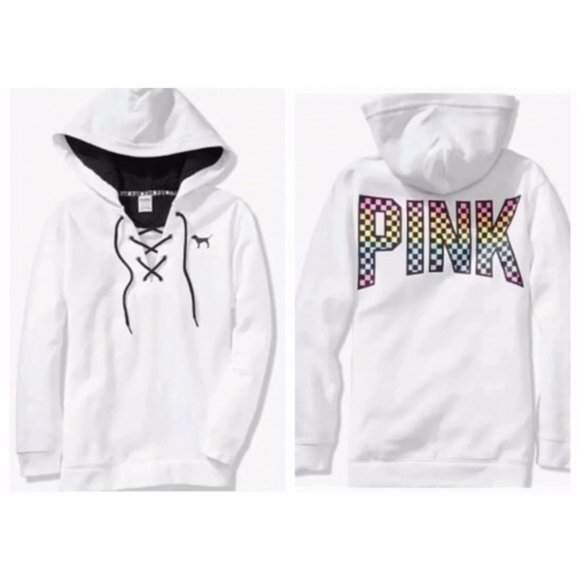 PINK Victoria's Secret Tops - VS PINK Pastel Rainbow Checkerboard Hoodie